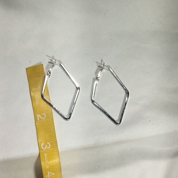 Silver Tone Squared Diamond Shape Hoops (UC3) - Picture 5 of 6